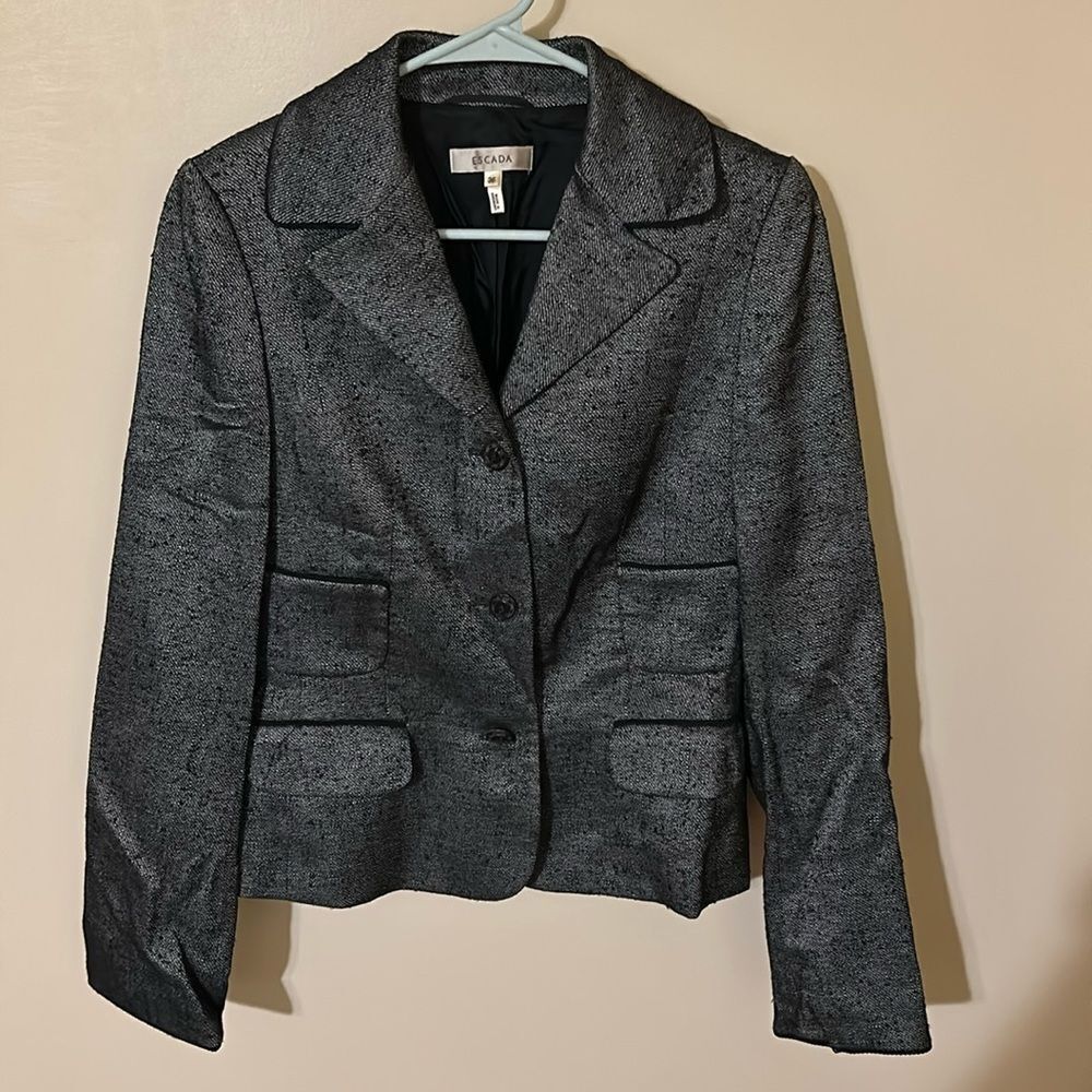Escada Womens Silk Blend Tweed Silver Long Sleeve Collar Gray Pattern Blazer 36